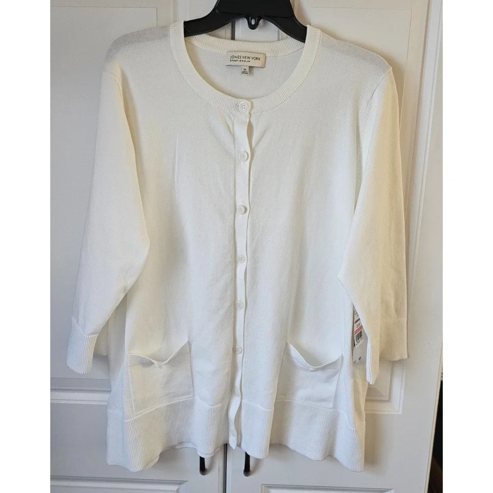 NWT Jones New York White Cardigan Cotton/Nylon 2 Pocket Cardigan Sweater $84 2XL - Picture 2 of 8